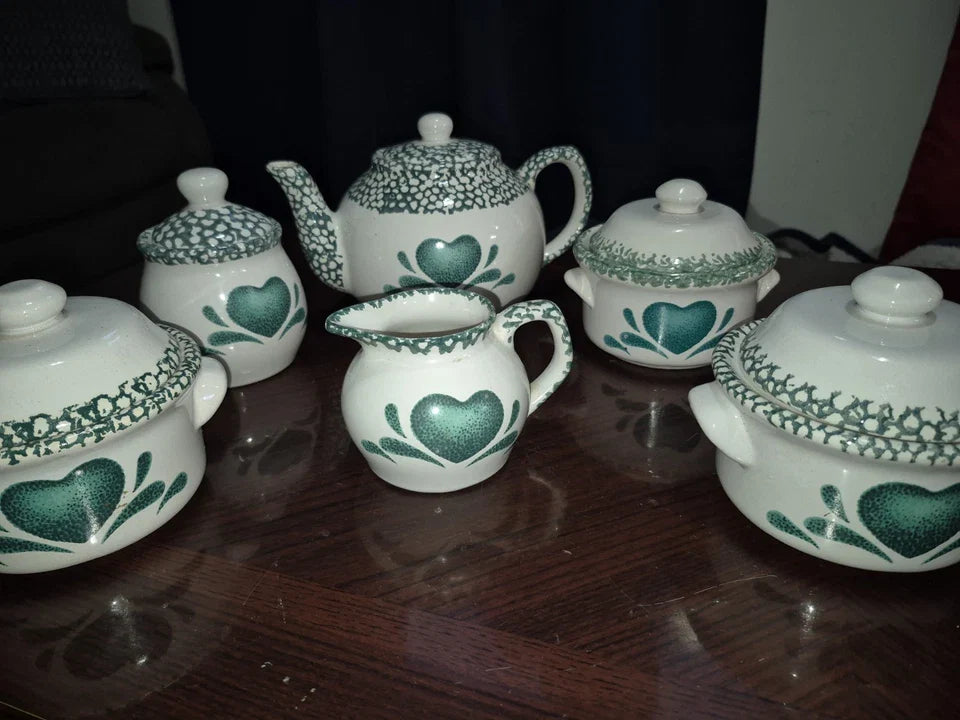 Vintage Corning Corelle Green Hearts Spongeware Print Dish Set - 11pcs