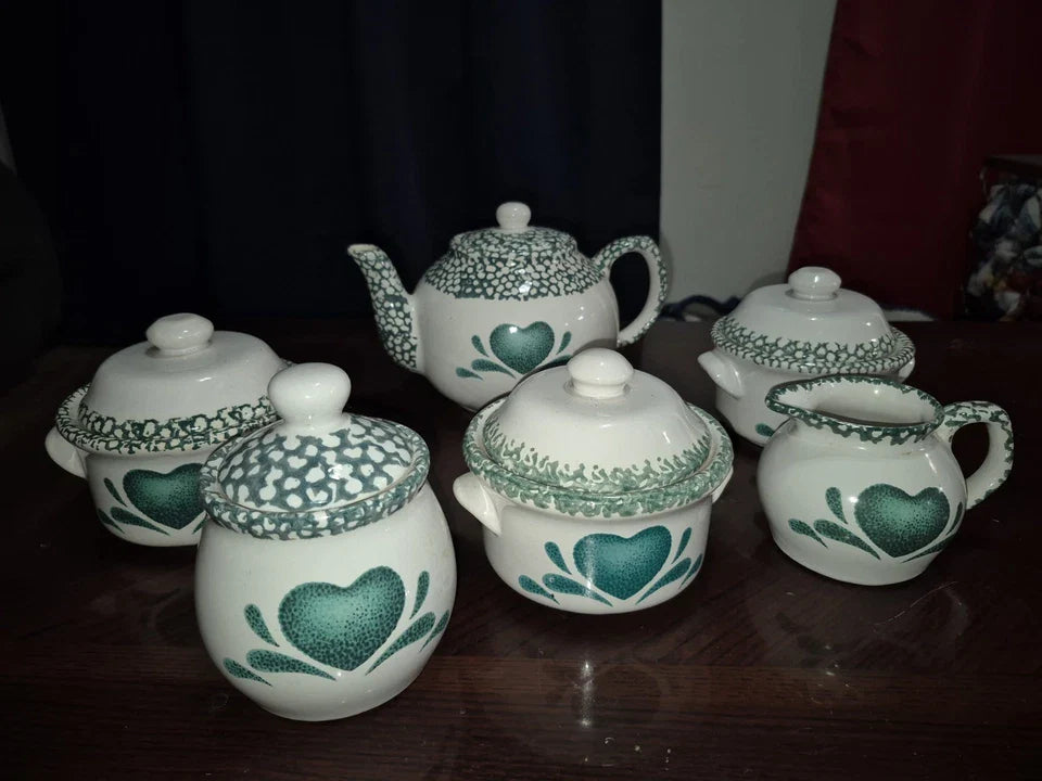 Vintage Corning Corelle Green Hearts Spongeware Print Dish Set - 11pcs