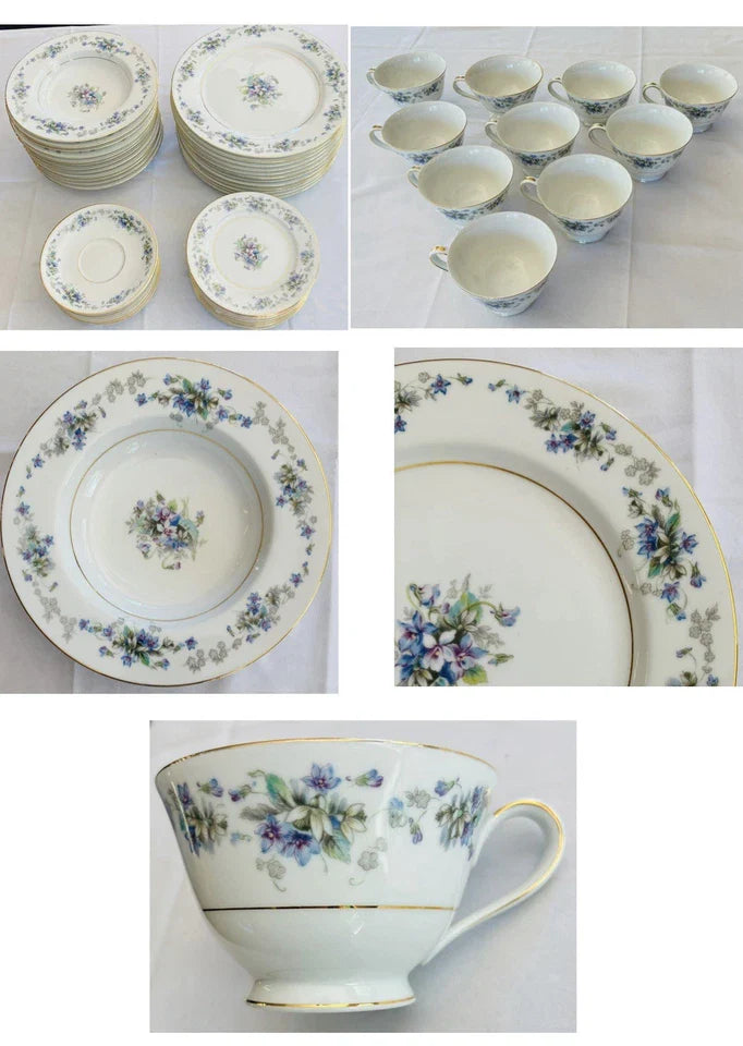 VINTAGE Noritake Dinnerware Set VIOLETTE Purple Flowers Gold Trim (1950s) 52-PC